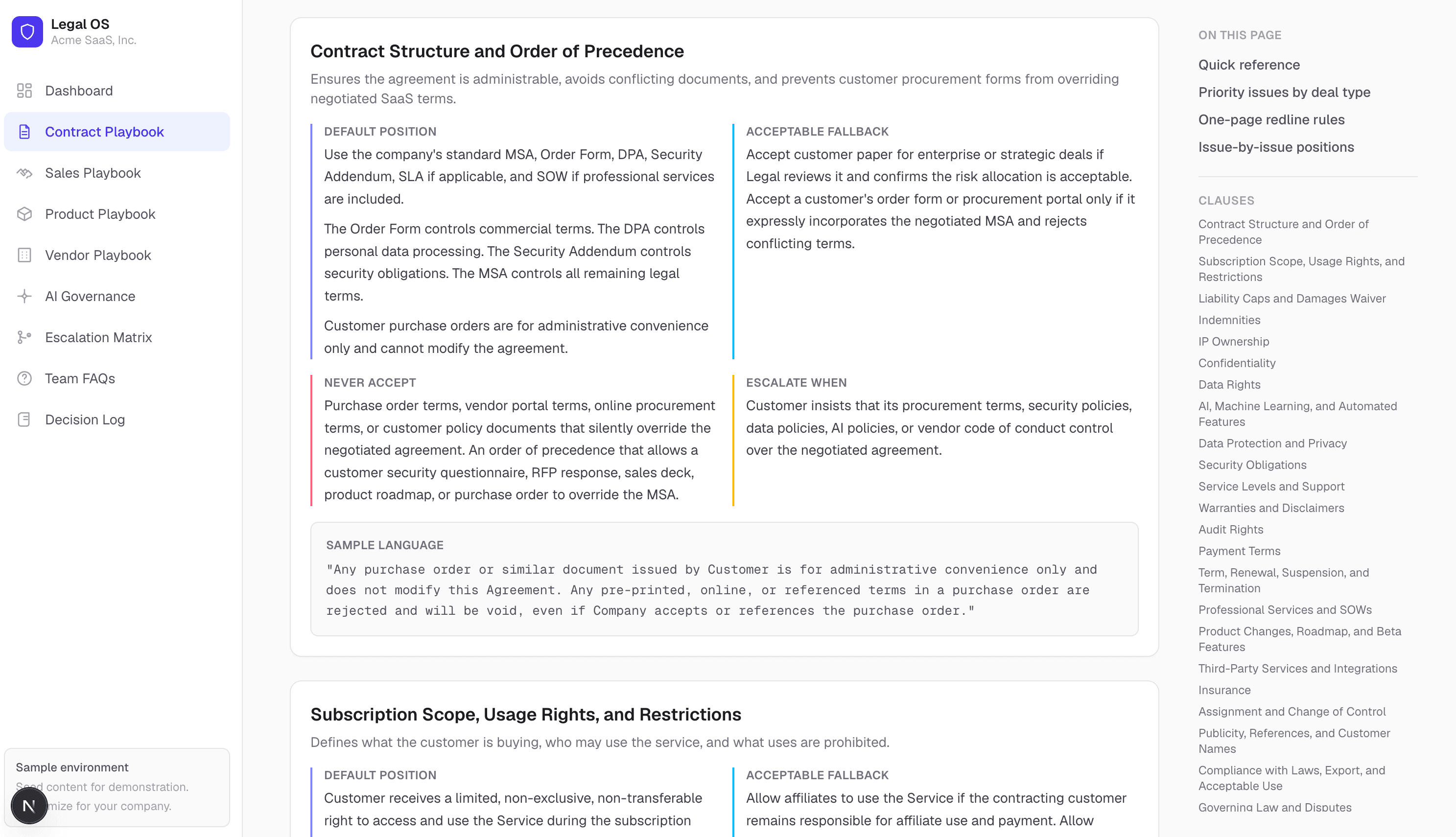 A real page from Legal OS: the Liability Caps and Damages Waiver contract playbook entry, showing default position, acceptable fallback, never accept, escalate when, and sample language.